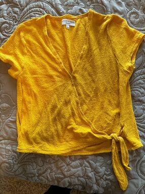 Women's Tie-Waist Short Sleeve Wrap Blouse in Mustard Yellow